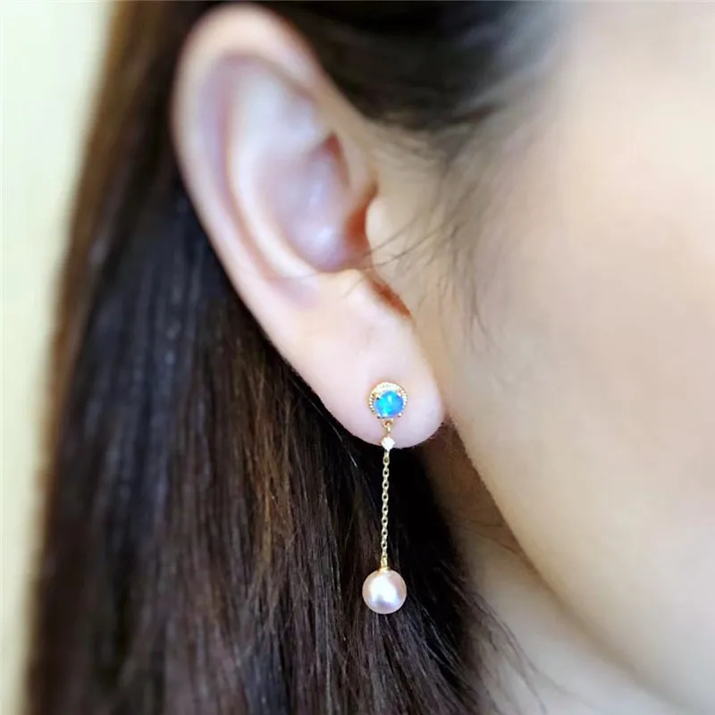 18K Gold Diamond AKOYA Pearl Round Natural Opal 39M Fine Earrings