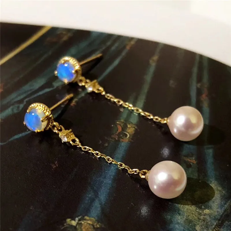 18K Gold Diamond AKOYA Pearl Round Natural Opal 39M Fine Earrings
