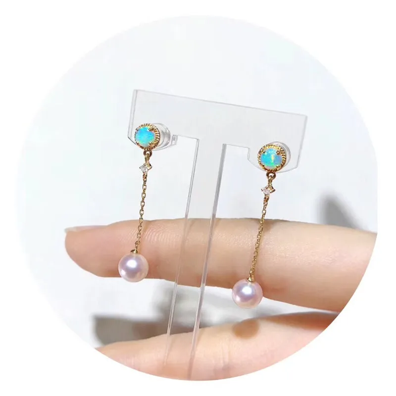 18K Gold Diamond AKOYA Pearl Round Natural Opal 39M Fine Earrings