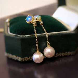 18K Gold Diamond AKOYA Pearl Round Natural Opal 39M Fine Earrings