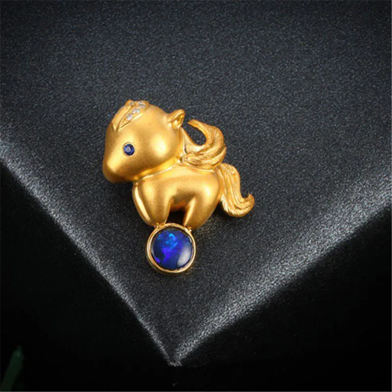 18K Gold Diamond Sapphire Round Cut Natural Opal 11X18MM Horse Pendant Necklace