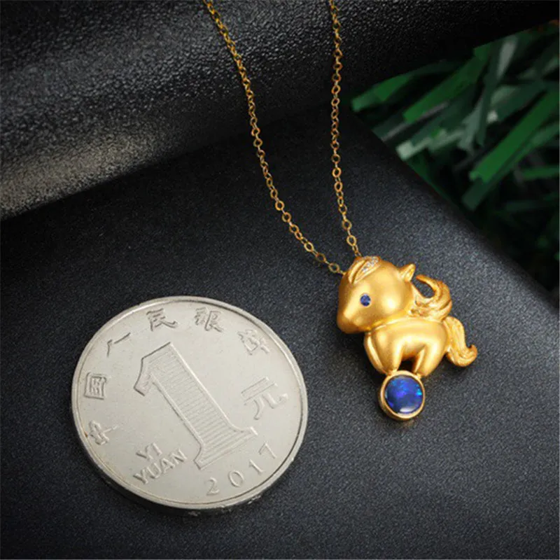18K Gold Diamond Sapphire Round Cut Natural Opal 11X18MM Horse Pendant Necklace
