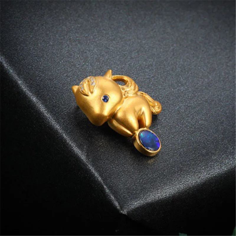 18K Gold Diamond Sapphire Round Cut Natural Opal 11X18MM Horse Pendant Necklace