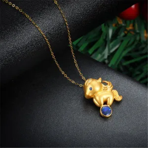 18K Gold Diamond Sapphire Round Cut Natural Opal 11X18MM Horse Pendant Necklace