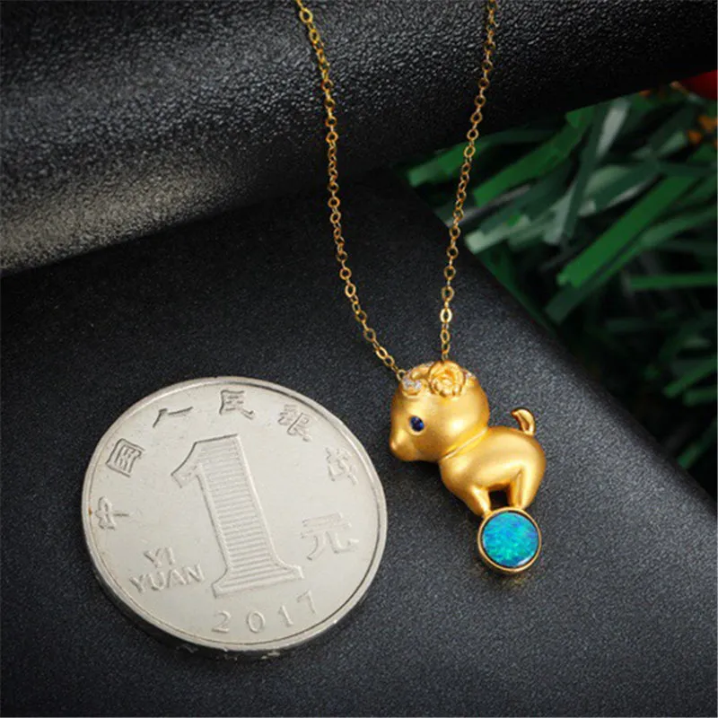 18K Gold Diamond Sapphire Round Cut Natural Opal 11X18MM Sheep Pendant Necklace