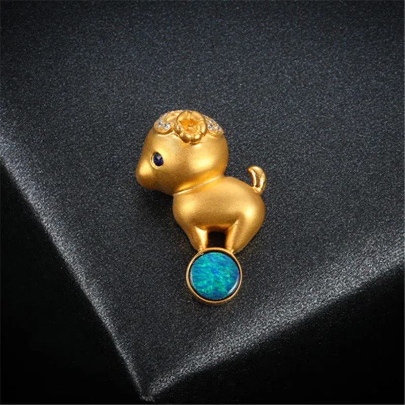18K Gold Diamond Sapphire Round Cut Natural Opal 11X18MM Sheep Pendant Necklace