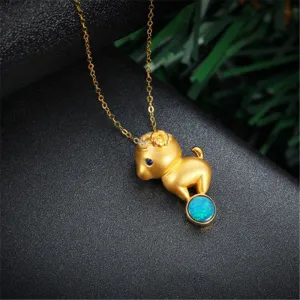 18K Gold Diamond Sapphire Round Cut Natural Opal 11X18MM Sheep Pendant Necklace