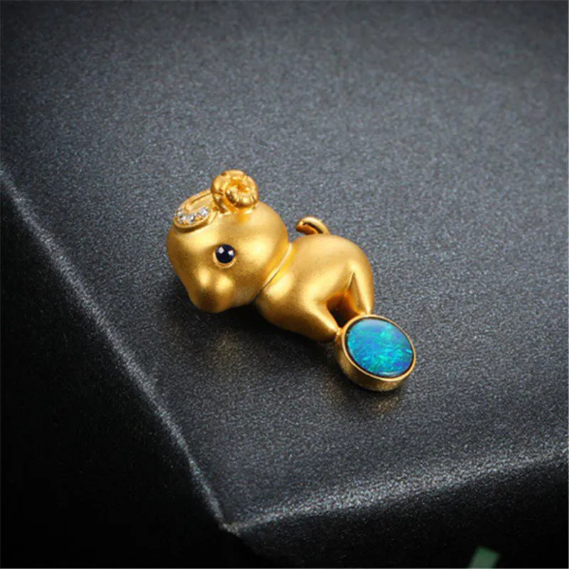 18K Gold Diamond Sapphire Round Cut Natural Opal 11X18MM Sheep Pendant Necklace