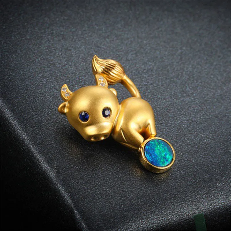 18K Gold Diamond Sapphire Round Cut Natural Opal 12X24M Bull Pendant Necklace