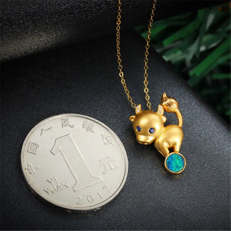 18K Gold Diamond Sapphire Round Cut Natural Opal 12X24M Bull Pendant Necklace