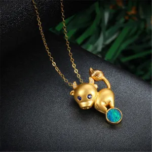 18K Gold Diamond Sapphire Round Cut Natural Opal 12X24M Bull Pendant Necklace