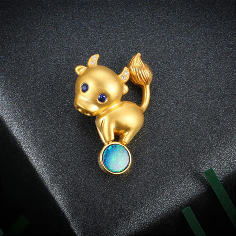 18K Gold Diamond Sapphire Round Cut Natural Opal 12X24M Bull Pendant Necklace