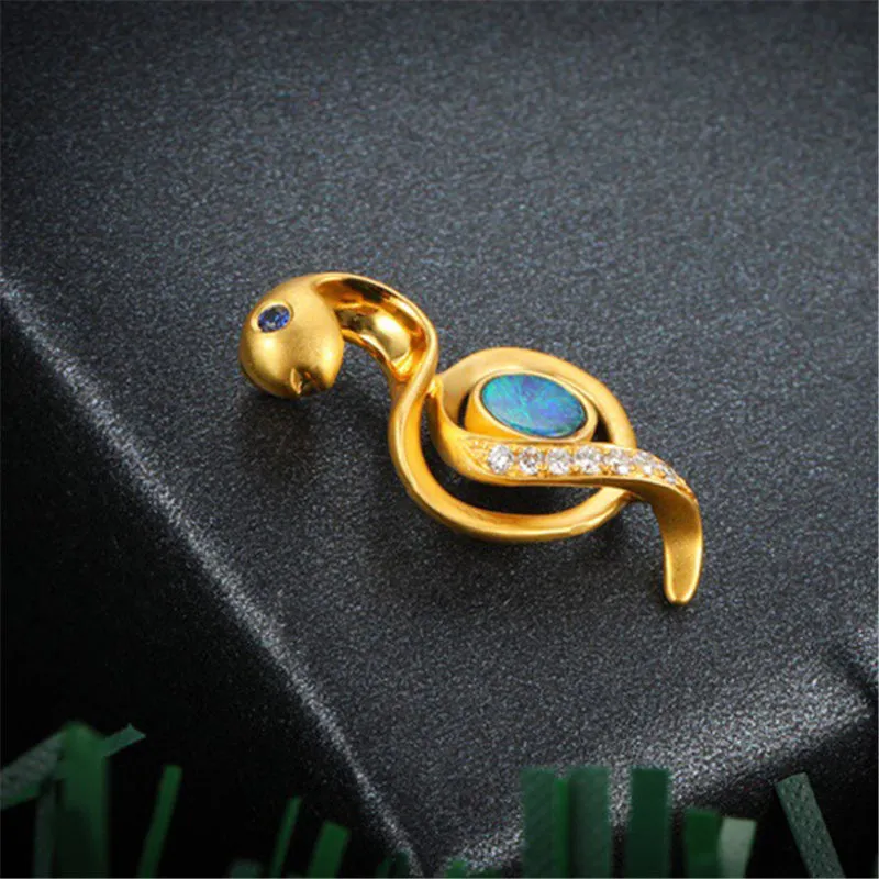 18K Gold Diamond Sapphire Round Cut Natural Opal 12X24M Snake Pendant Necklace