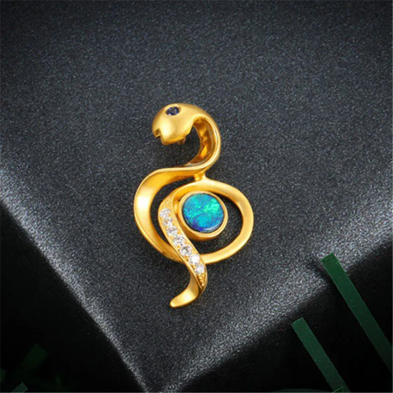 18K Gold Diamond Sapphire Round Cut Natural Opal 12X24M Snake Pendant Necklace