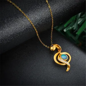 18K Gold Diamond Sapphire Round Cut Natural Opal 12X24M Snake Pendant Necklace