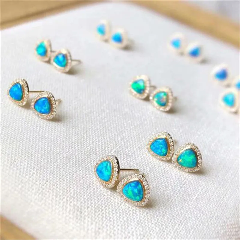 18K Gold Diamond Trillion Cut Natural Opal 5.2M Fine Stud Earrings