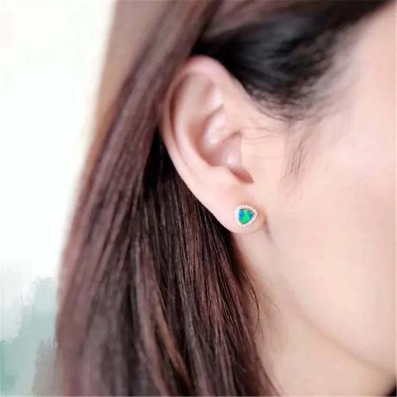 18K Gold Diamond Trillion Cut Natural Opal 5.2M Fine Stud Earrings