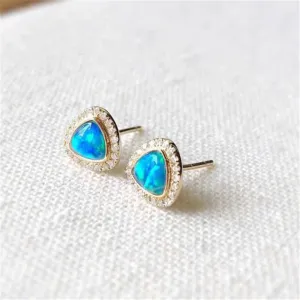 18K Gold Diamond Trillion Cut Natural Opal 5.2M Fine Stud Earrings