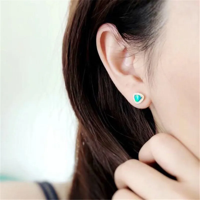 18K Gold Diamond Trillion Cut Natural Opal 5.2M Fine Stud Earrings