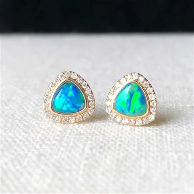 18K Gold Diamond Trillion Cut Natural Opal 5.2M Fine Stud Earrings