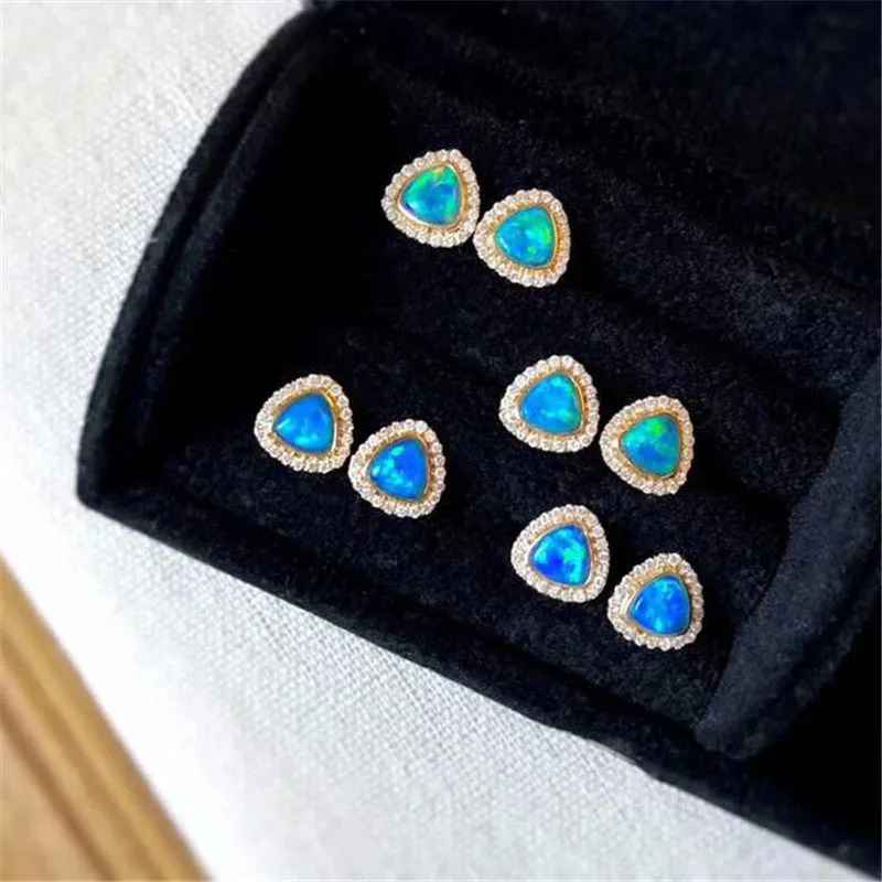 18K Gold Diamond Trillion Cut Natural Opal 5.2M Fine Stud Earrings