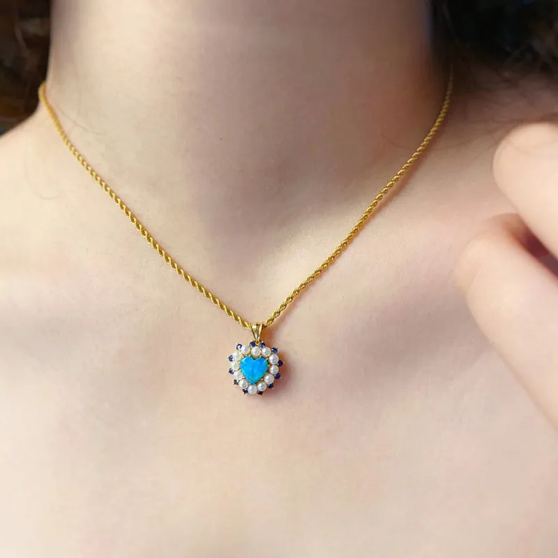 18K Gold Heart Shape 0.7ct Natural Opal Real Sapphire Pearl Pendant Necklace 18"