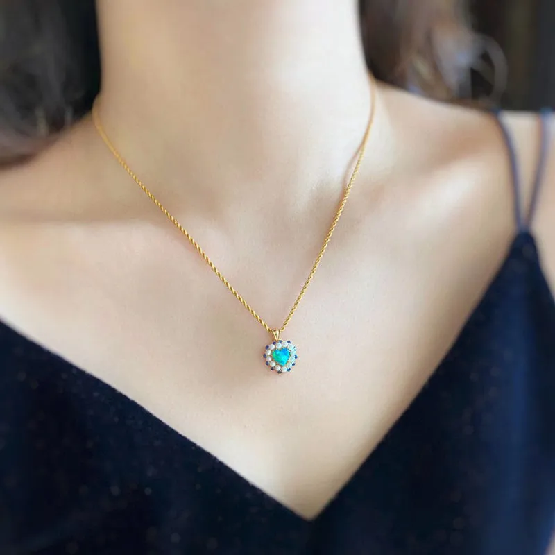 18K Gold Heart Shape 0.7ct Natural Opal Real Sapphire Pearl Pendant Necklace 18"