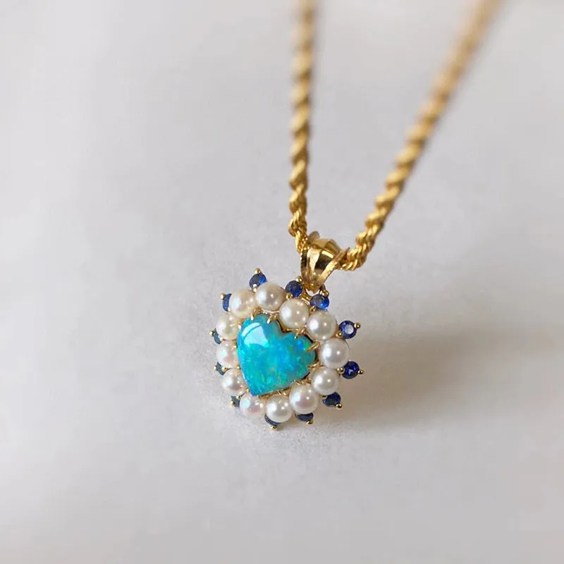 18K Gold Heart Shape 0.7ct Natural Opal Real Sapphire Pearl Pendant Necklace 18"