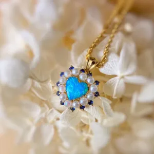 18K Gold Heart Shape 0.7ct Natural Opal Real Sapphire Pearl Pendant Necklace 18"