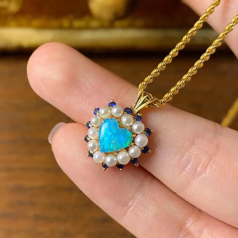 18K Gold Heart Shape 0.7ct Natural Opal Real Sapphire Pearl Pendant Necklace 18"