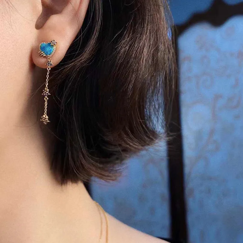 18K Gold Heart Shaped 0.50ct Natural Opal Sapphire Diamond Drop Earrings