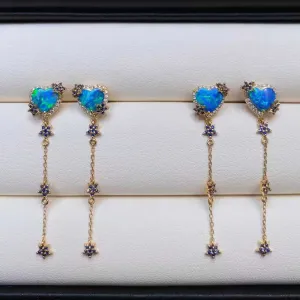 18K Gold Heart Shaped 0.50ct Natural Opal Sapphire Diamond Drop Earrings