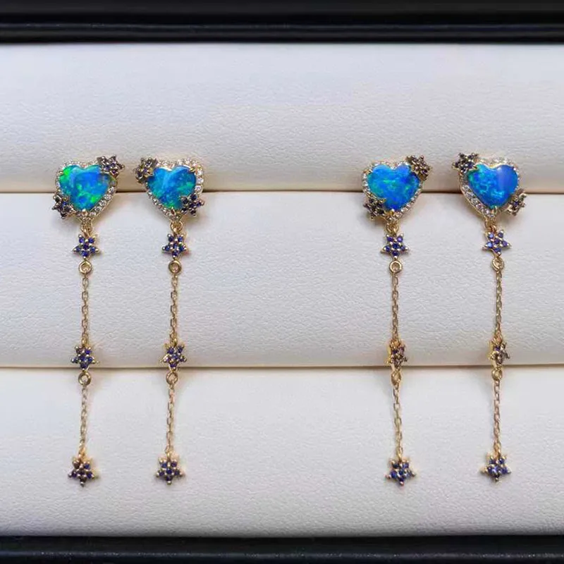 18K Gold Heart Shaped 0.50ct Natural Opal Sapphire Diamond Drop Earrings