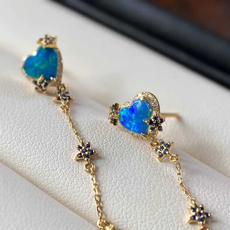 18K Gold Heart Shaped 0.50ct Natural Opal Sapphire Diamond Drop Earrings