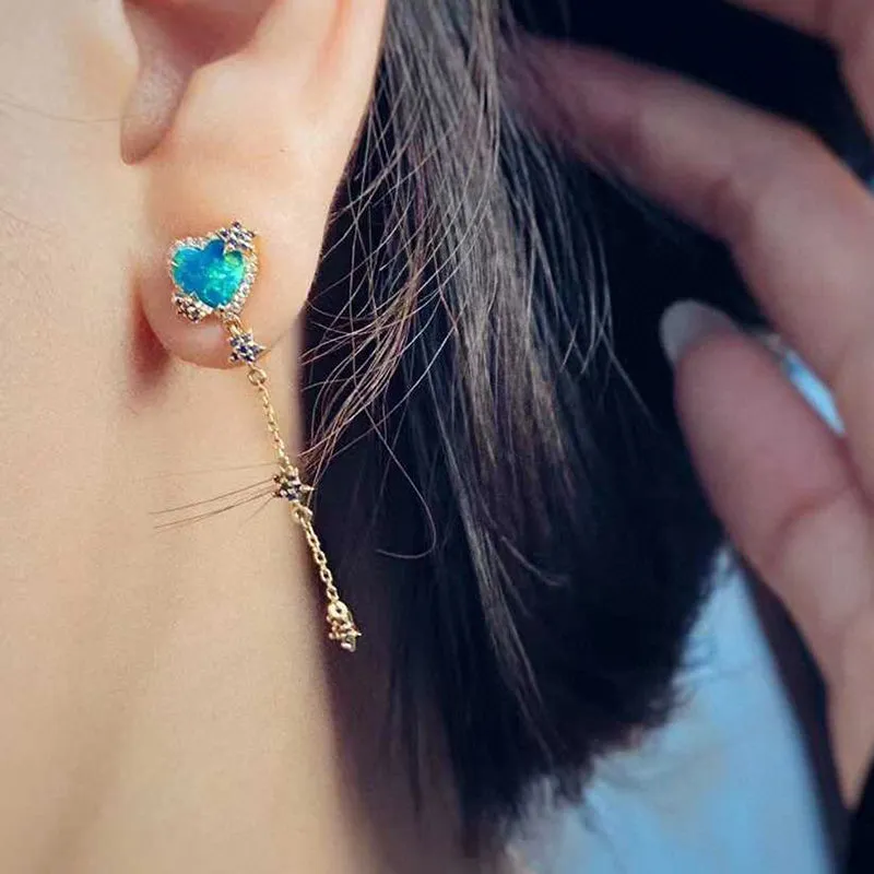 18K Gold Heart Shaped 0.50ct Natural Opal Sapphire Diamond Drop Earrings