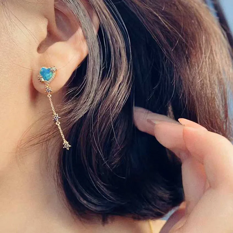 18K Gold Heart Shaped 0.50ct Natural Opal Sapphire Diamond Drop Earrings