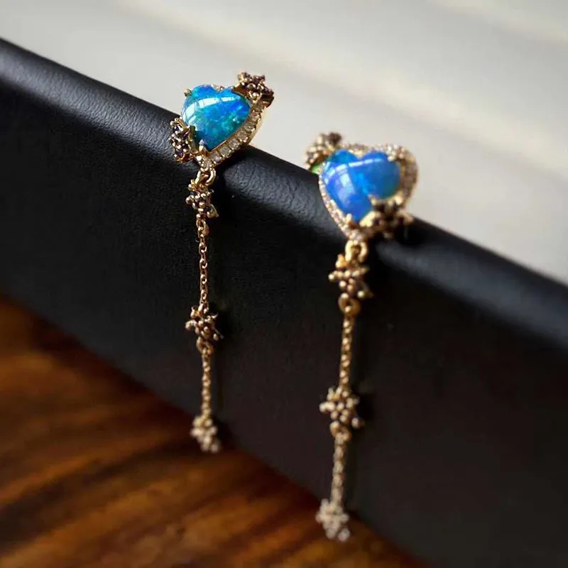 18K Gold Heart Shaped 0.50ct Natural Opal Sapphire Diamond Drop Earrings