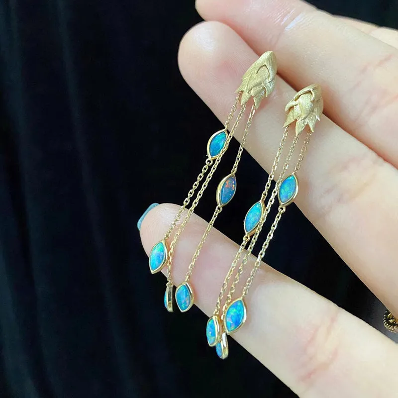 18K Gold Marquise Cut 1.0ct Natural Opal Drop Earrings