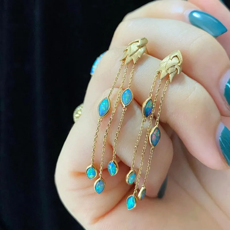 18K Gold Marquise Cut 1.0ct Natural Opal Drop Earrings