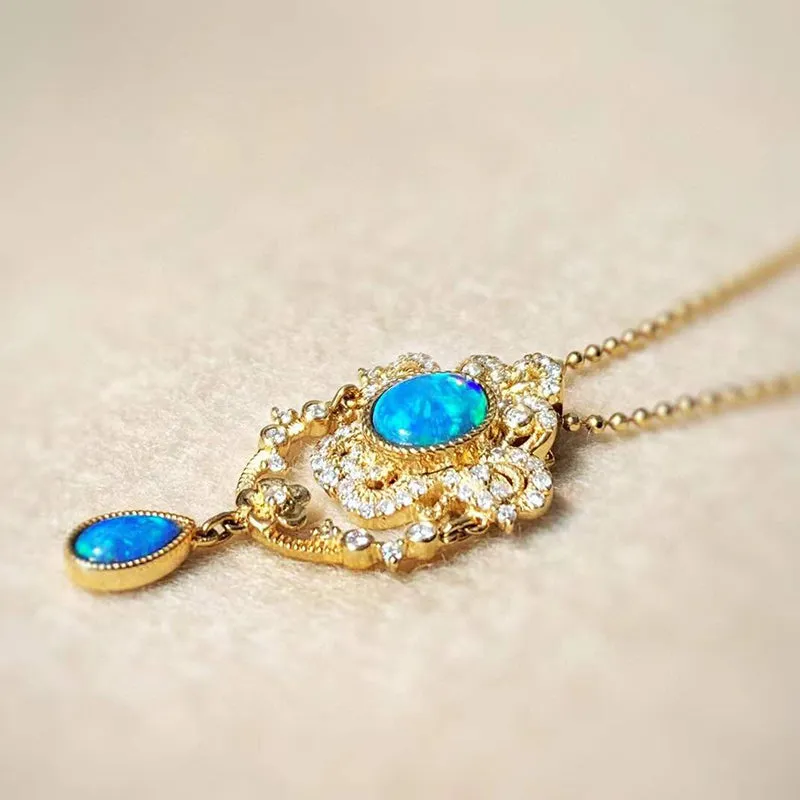 18K Gold Oval Cut 0.20ct Natural Opal Diamond Pendant Necklace18"