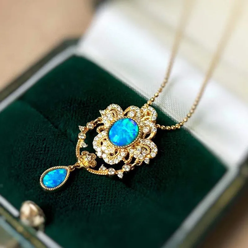 18K Gold Oval Cut 0.20ct Natural Opal Diamond Pendant Necklace18"