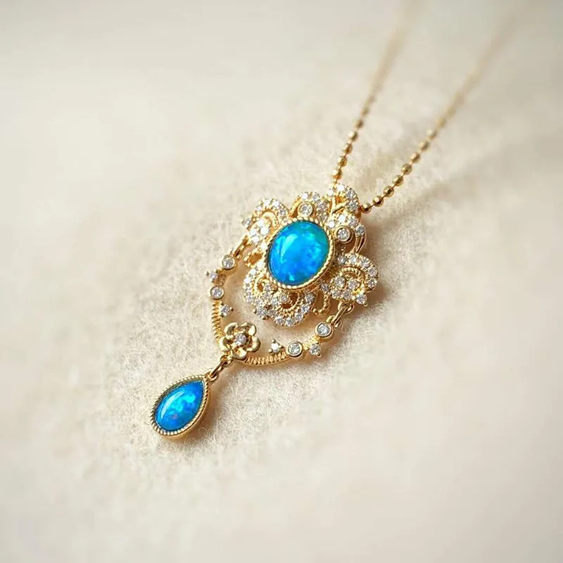 18K Gold Oval Cut 0.20ct Natural Opal Diamond Pendant Necklace18"