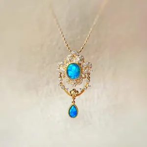 18K Gold Oval Cut 0.20ct Natural Opal Diamond Pendant Necklace18"