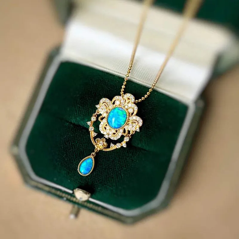 18K Gold Oval Cut 0.20ct Natural Opal Diamond Pendant Necklace18"