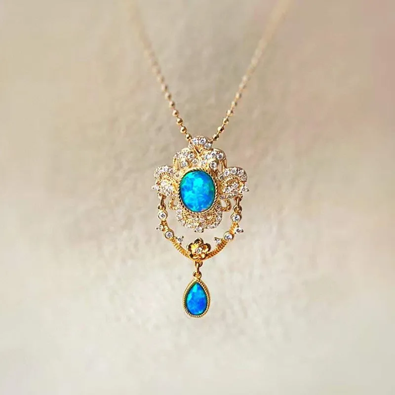 18K Gold Oval Cut 0.20ct Natural Opal Diamond Pendant Necklace18"