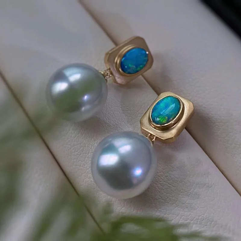 18K Gold Oval Cut 0.22ct Natural Opal &10mm AKOYA Pearl Drop Earrings