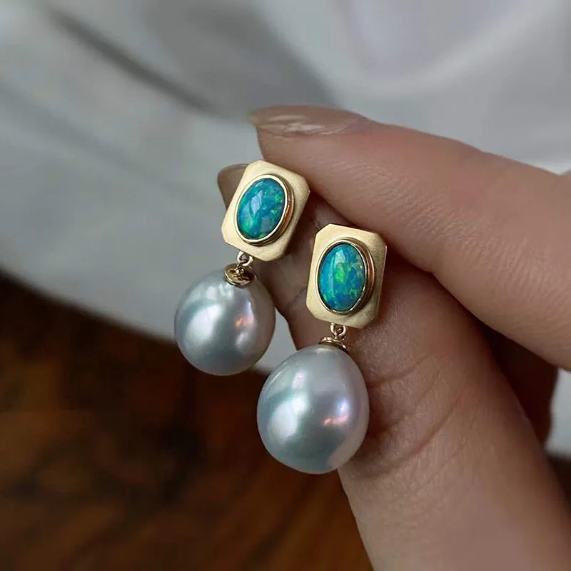 18K Gold Oval Cut 0.22ct Natural Opal &10mm AKOYA Pearl Drop Earrings