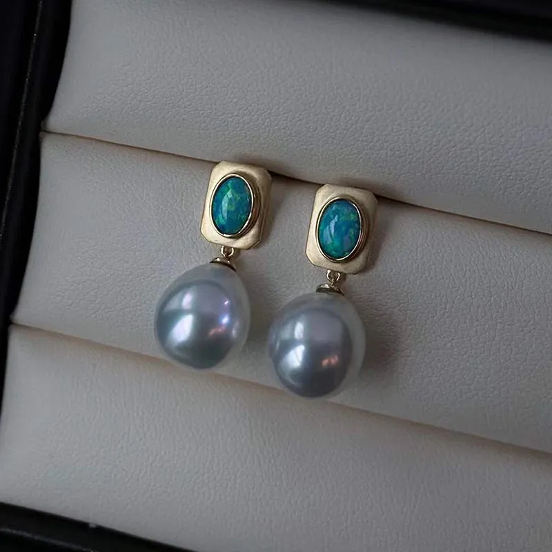 18K Gold Oval Cut 0.22ct Natural Opal &10mm AKOYA Pearl Drop Earrings
