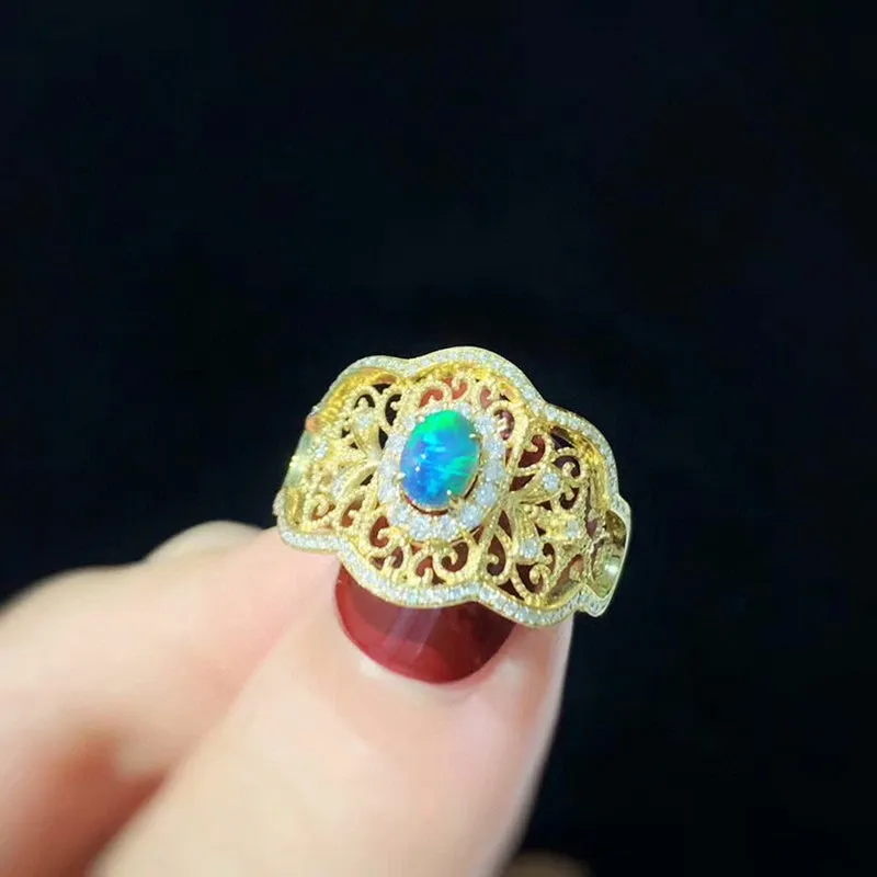 18K Gold Oval Cut 0.25ct Natural Opal Real Dianond Luxury Ring