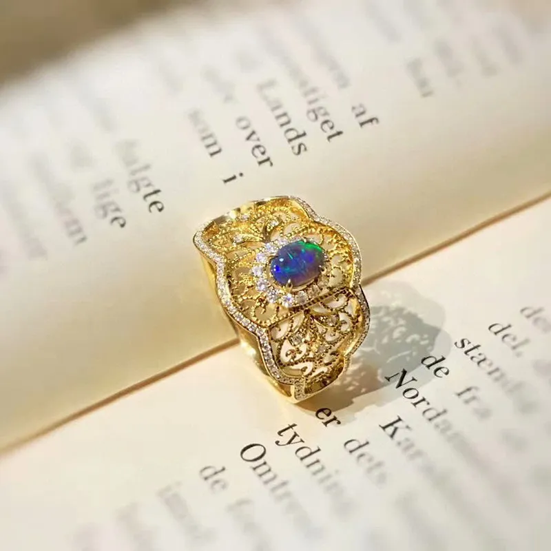 18K Gold Oval Cut 0.25ct Natural Opal Real Dianond Luxury Ring
